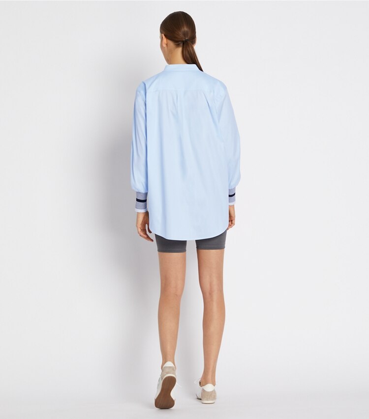 Tory Sport designer Stretch Poplin Button-Down in Ice Flow on model back