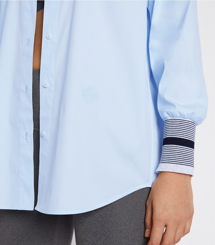 Tory Sport designer Stretch Poplin Button-Down in Ice Flow on model detail