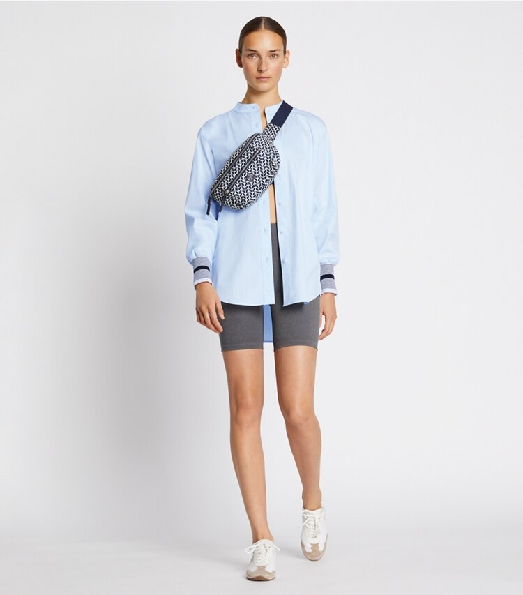 Tory Sport designer Stretch Poplin Button-Down in Ice Flow on model front