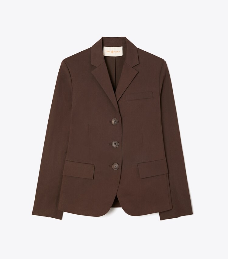 Tory Burch designer jackets Stretch Poplin Jacket in Deep Chocolate front