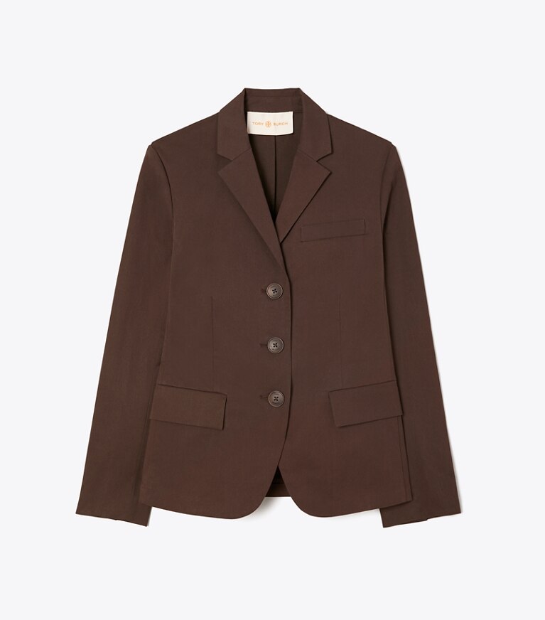 Tory Burch designer jackets Stretch Poplin Jacket in Deep Chocolate front