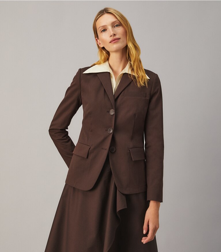 Tory Burch designer jackets Stretch Poplin Jacket in Deep Chocolate front