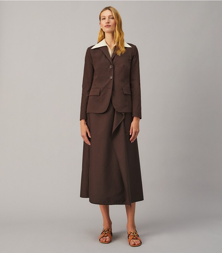 Tory Burch designer jackets Stretch Poplin Jacket in Deep Chocolate on model front