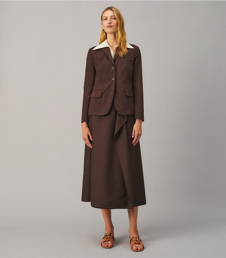Tory Burch designer jackets Stretch Poplin Jacket in Deep Chocolate front
