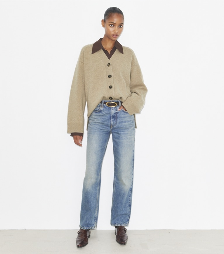 Tory Burch designer strickware Strickjacke aus Wolle und Jacquard in Oatmeal Melange front