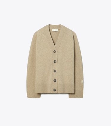 Tory Burch designer strickware Strickjacke aus Wolle und Jacquard in Oatmeal Melange front