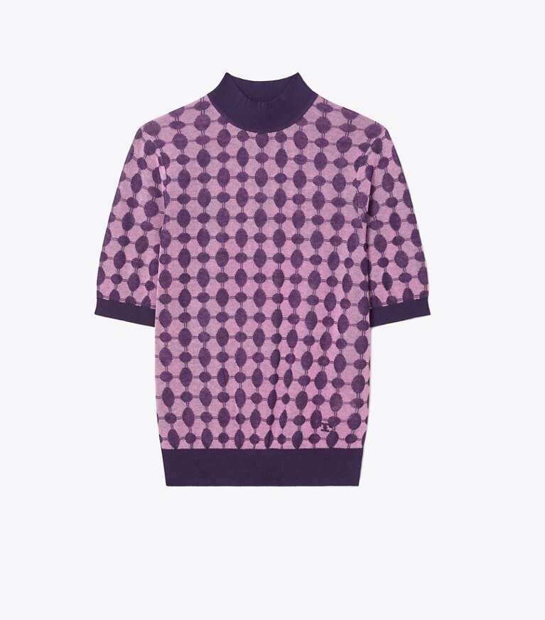 Tory Burch designer strickware Strickpullover mit Jacquardmuster und Stehkragen in Tory Navy / Dark Wild Peony front