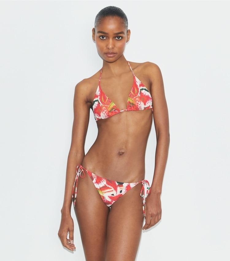 Tory Burch designer two pieces String Bikini Bottom in Pink Lily on model detail