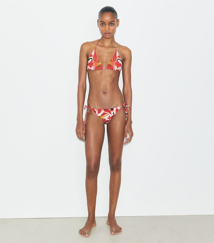 Tory Burch designer two pieces String Bikini Bottom in Pink Lily on model front