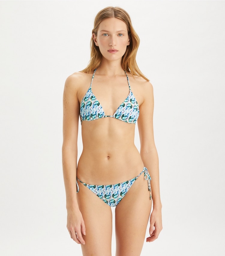 Tory Burch designer two pieces String Bikini Top in Blue Glass Swan Allover on model detail
