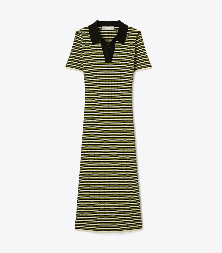 Tory Burch designer dresses Stripe Knit Polo Dress in Deep Walnut front