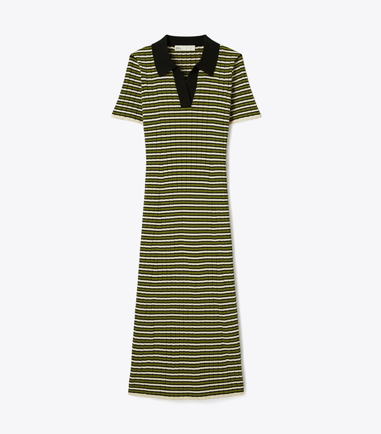 Tory Burch designer dresses Stripe Knit Polo Dress in Deep Walnut front