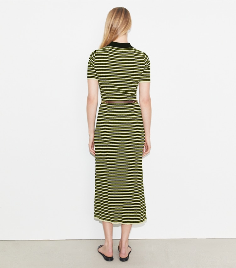 Tory Burch designer dresses Stripe Knit Polo Dress in Deep Walnut on model back