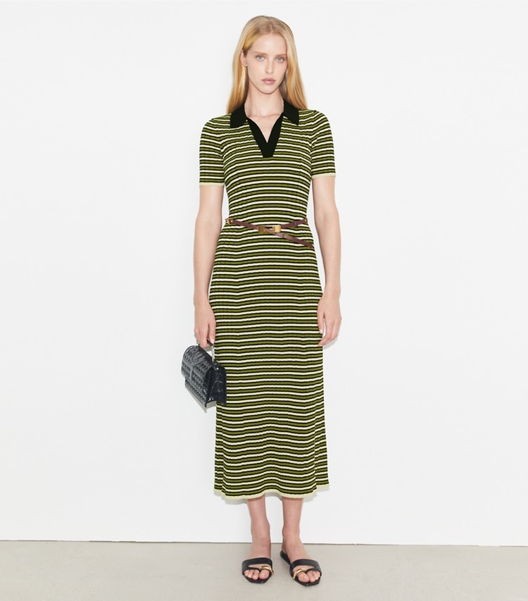 Tory Burch designer dresses Stripe Knit Polo Dress in Deep Walnut on model front