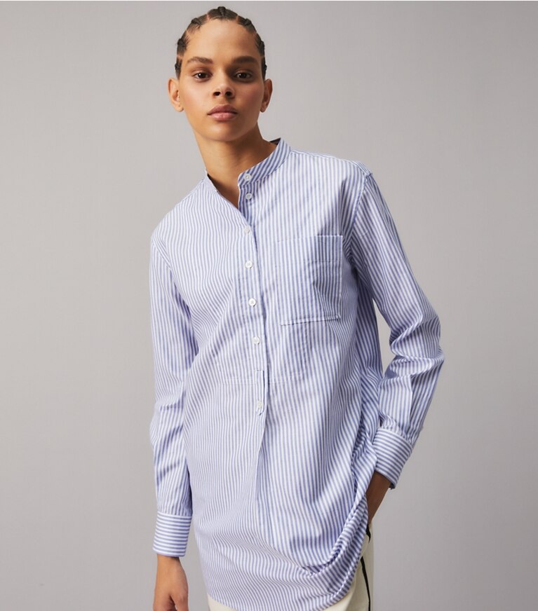Tory Burch designer coverups Stripe Shirt in Blue Dusk / White front