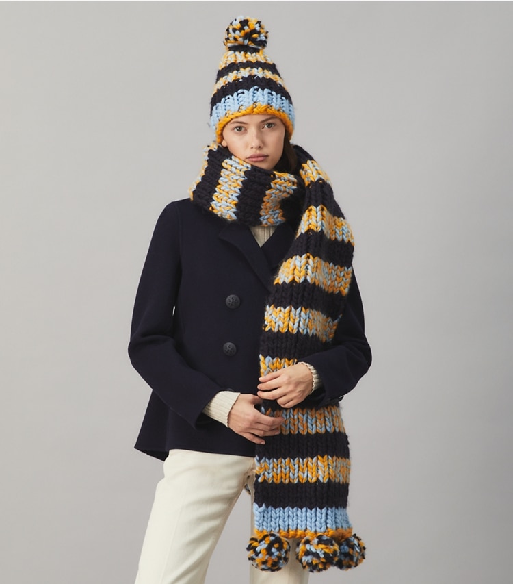 Tory Burch designer scarves Striped Beanie And Scarf Set in Dark Honey / Tory Navy / Light Blue accessory on model