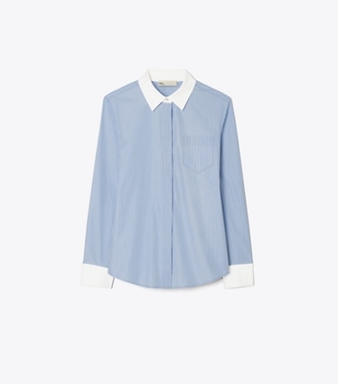 Tory Burch designer tops Striped Button-Down Shirt in Blue Stripe front