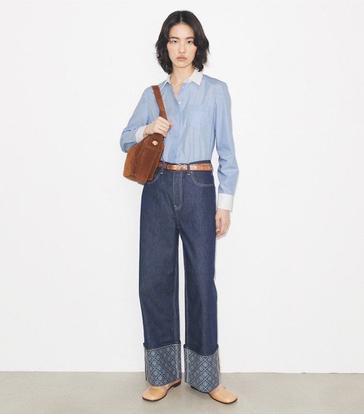 Tory Burch designer トップス ストライプ ボタンダウン シャツ in Blue Stripe モデル前面