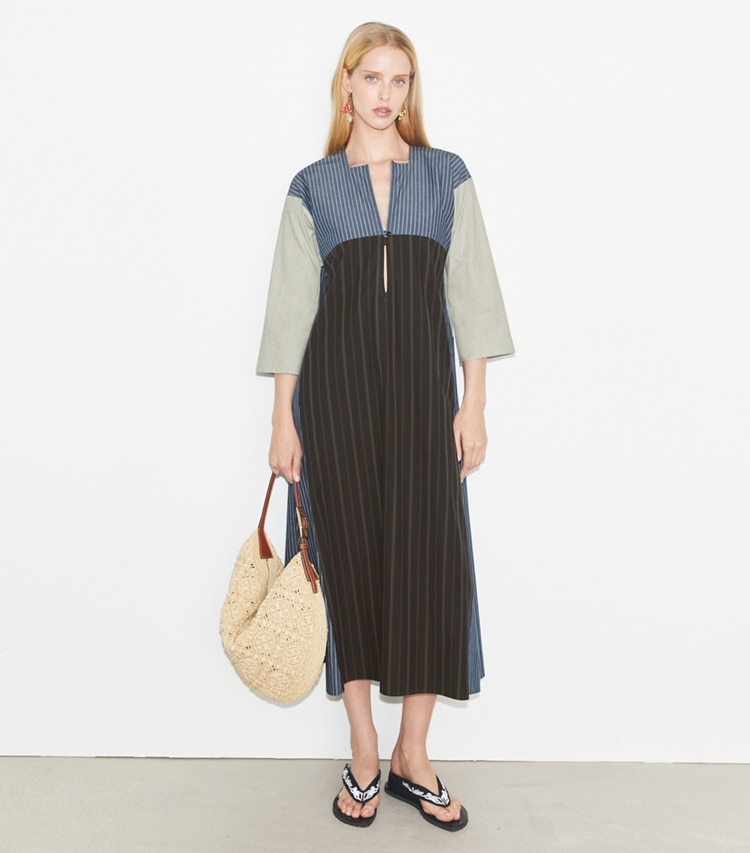 Tory Burch designer coverups Striped Caftan in Navy / Ivory on model front