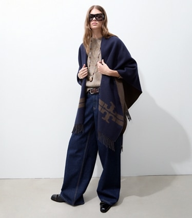 Tory Burch designer face masks Striped Cape in Navy accessory on model
