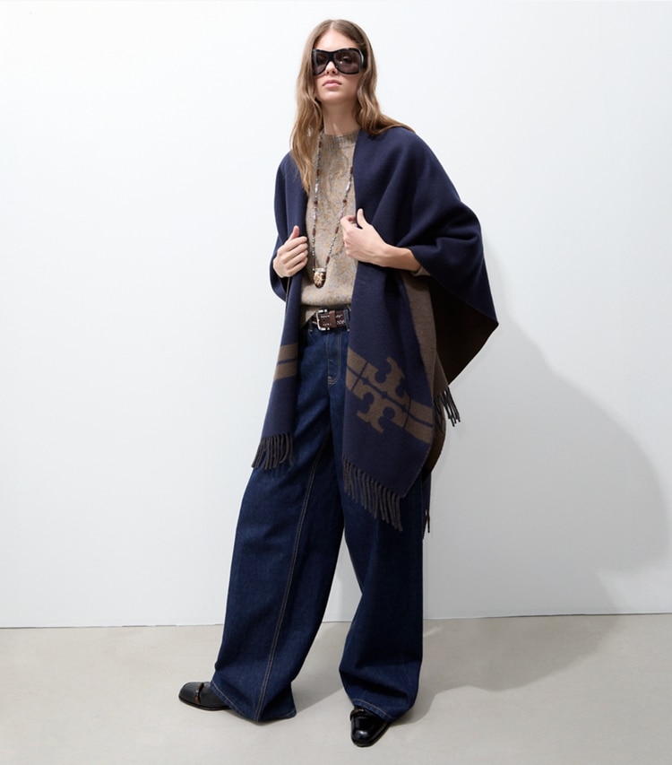 Tory Burch designer face masks Striped Cape in Striped Logo Cape Navy accessory on model