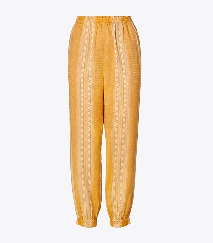 Tory Burch designer bottoms Striped Cinched Ankle Pant in ORANGE / IVORY front