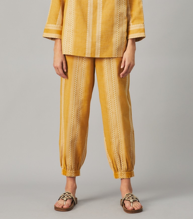 Tory Burch designer bottoms Striped Cinched Ankle Pant in ORANGE / IVORY front
