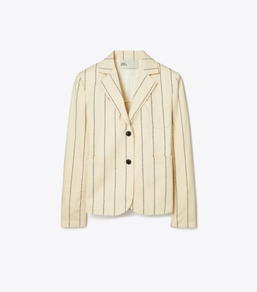 Tory Burch designer jackets Striped Cotton Blazer in Ivory/Navy front