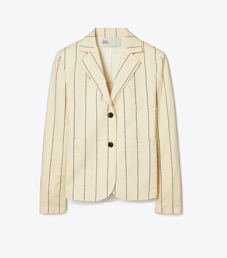 Tory Burch designer jackets Striped Cotton Blazer in Ivory/Navy front