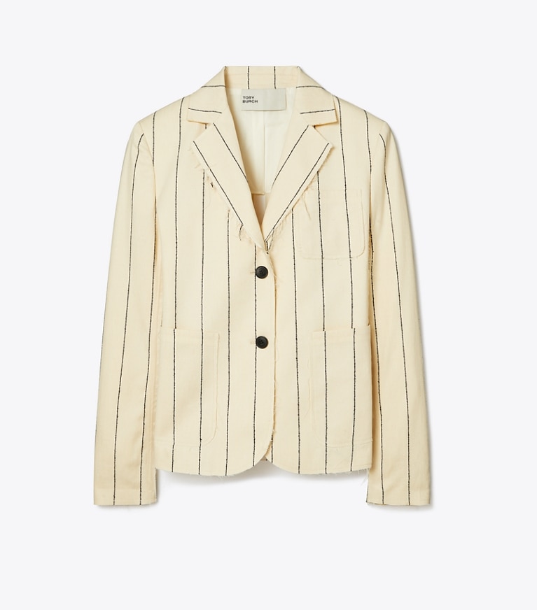 Tory Burch designer jackets Striped Cotton Blazer in Ivory/Navy front