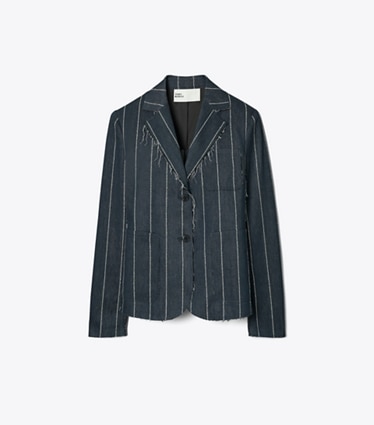 Tory Burch designer jackets Striped Cotton Blazer in Navy/Ivory front