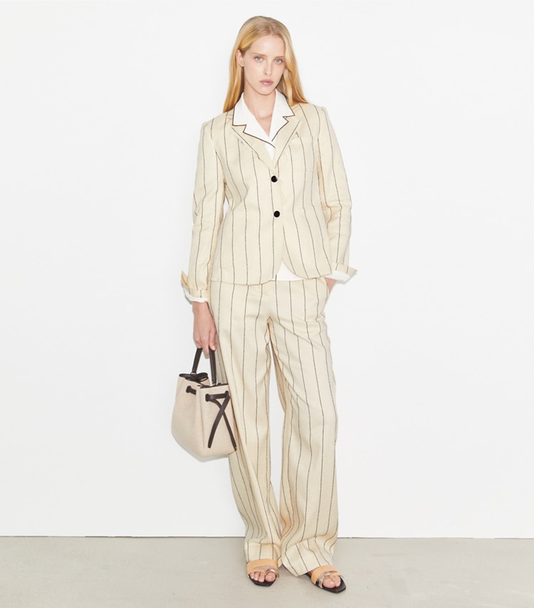 Tory Burch designer jackets Striped Cotton Blazer in Ivory/Navy on model front