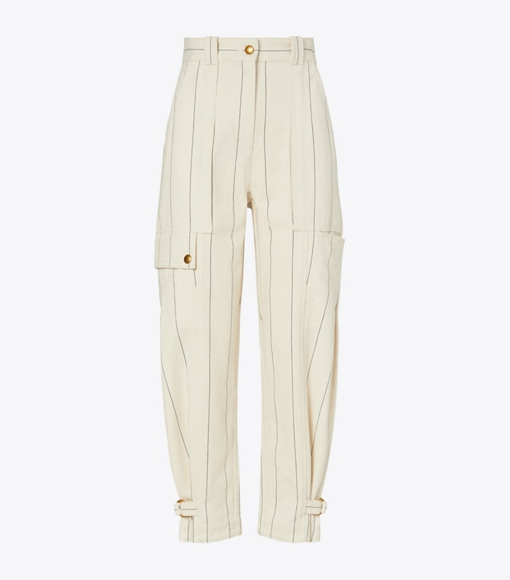 Tory Burch Women's Striped Cotton Canvas Pant in Canvas/Navy, Size 10