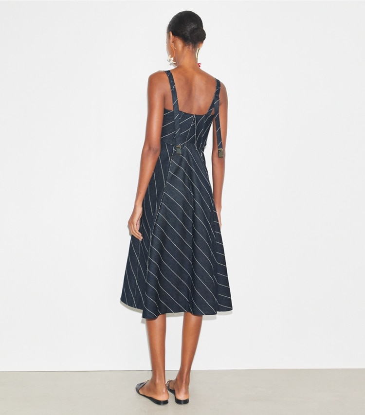 Tory Burch designer dresses Striped Cotton Dress in Navy/Ivory on model back
