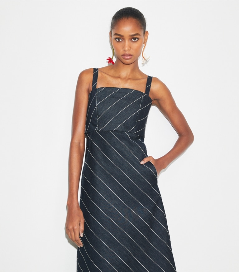 Tory Burch designer dresses Striped Cotton Dress in Navy/Ivory front