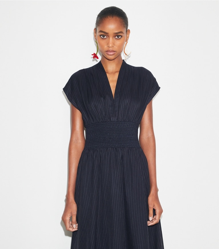 Tory Burch designer dresses Striped Cotton Dress in Navy front