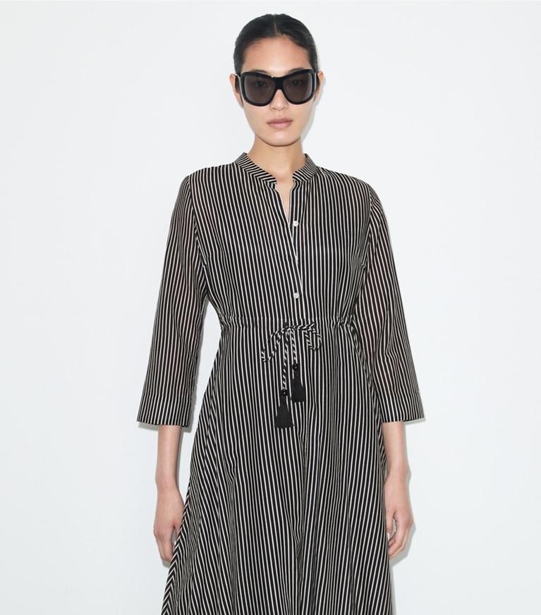 Tory Burch designer dresses Striped Cotton Dress in Black Stripe on model detail