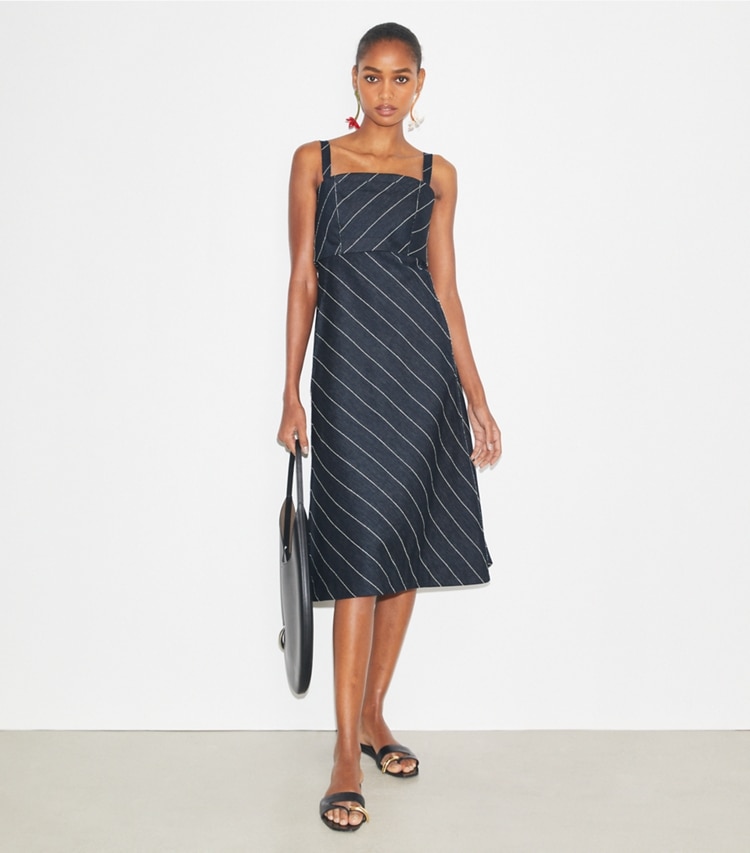 Tory Burch designer dresses Striped Cotton Dress in Navy/Ivory on model front