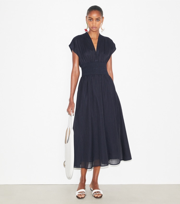 Tory Burch designer dresses Striped Cotton Dress in Navy on model front