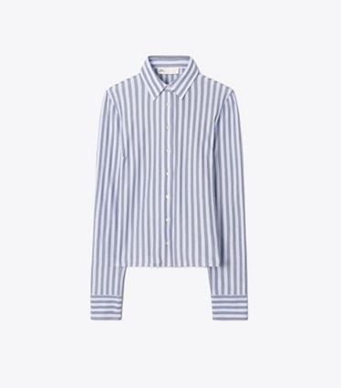 Tory Burch designer tops Striped Cotton Piqué Polo Shirt in Frozen Sky Stripe front
