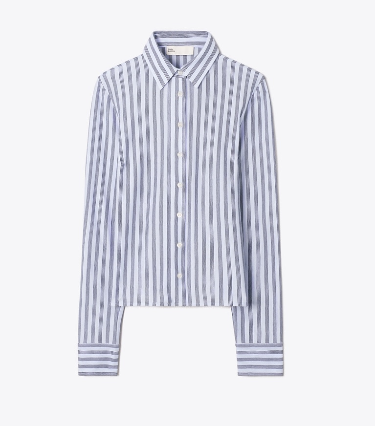 Tory Burch designer tops Striped Cotton Piqué Polo Shirt in Frozen Sky Stripe front