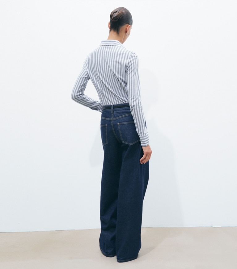 Tory Burch designer tops Striped Cotton Piqué Polo Shirt in Frozen Sky Stripe on model back