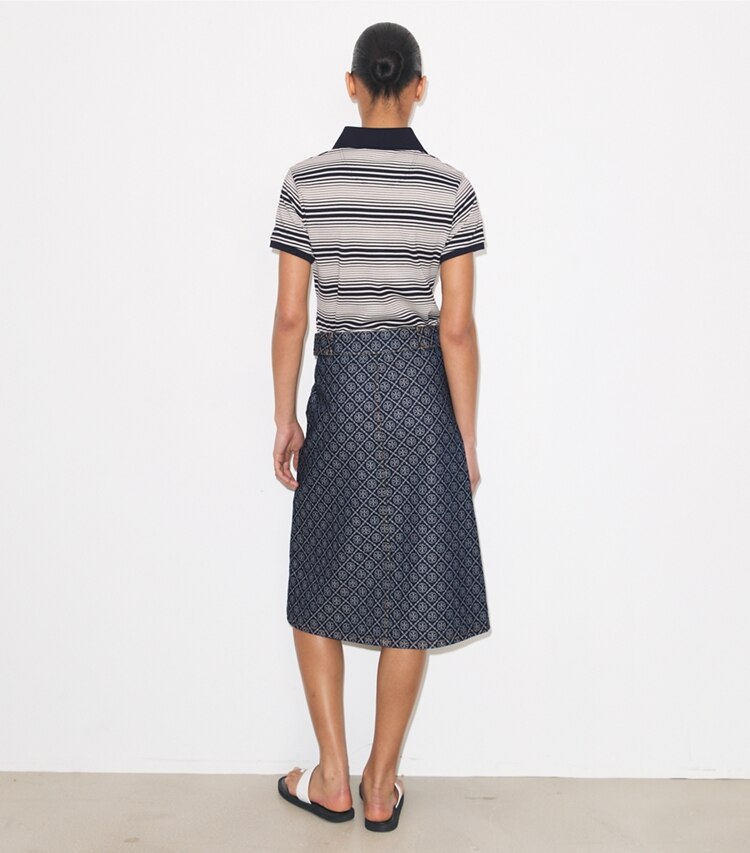 Tory Burch designer tops Striped Cotton Polo in Medium Navy Stripe on model back