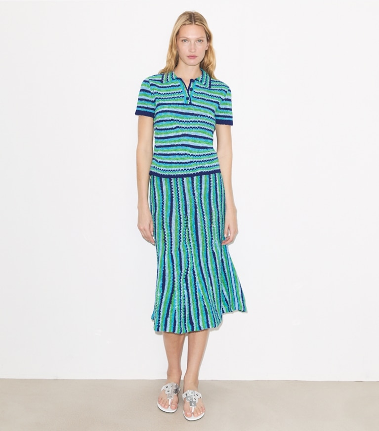 Tory Burch designer sweaters Striped Cotton Polo in Ocean / Light  Blue / Green on model front