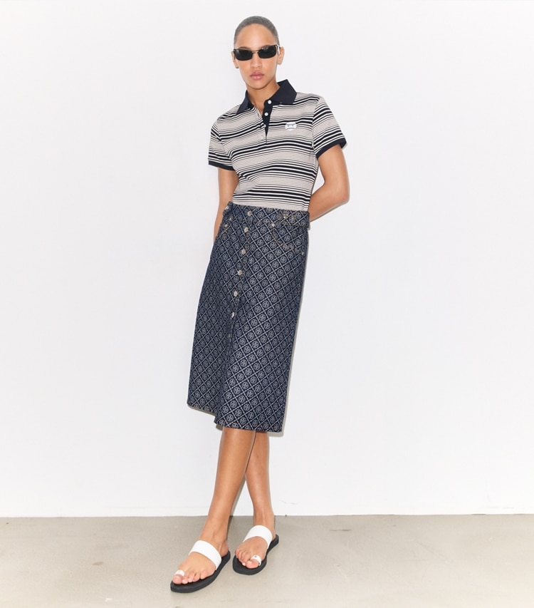 Tory Burch designer tops Striped Cotton Polo in Medium Navy Stripe on model front