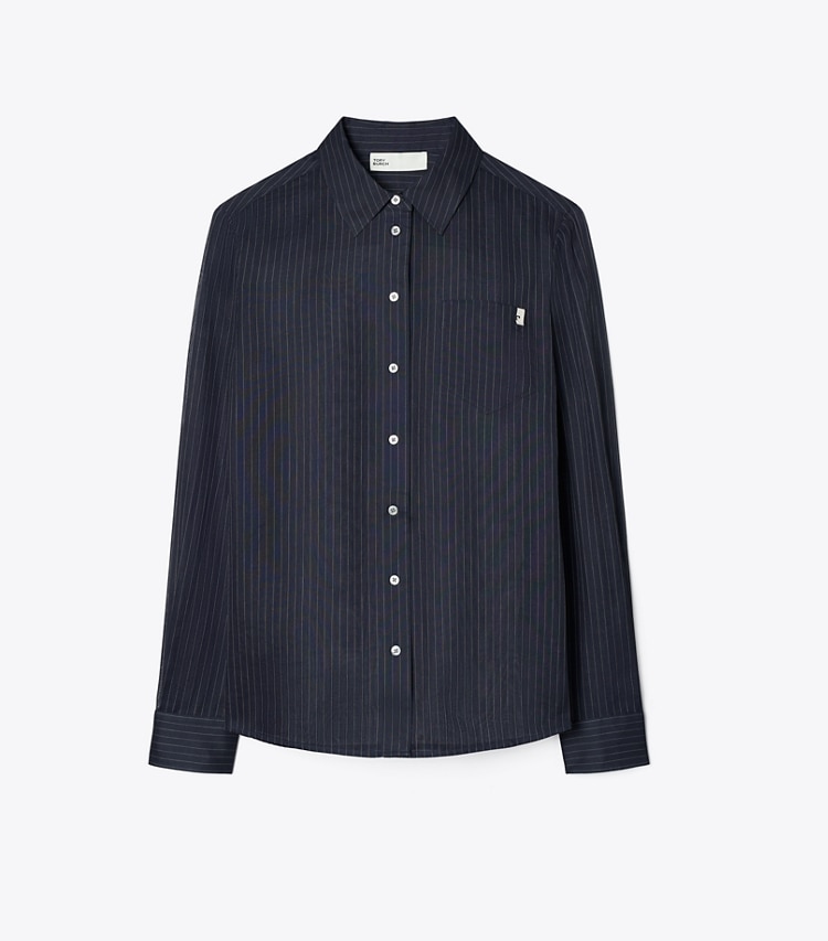 Tory Burch designer tops Striped Cotton Shirt in Navy front