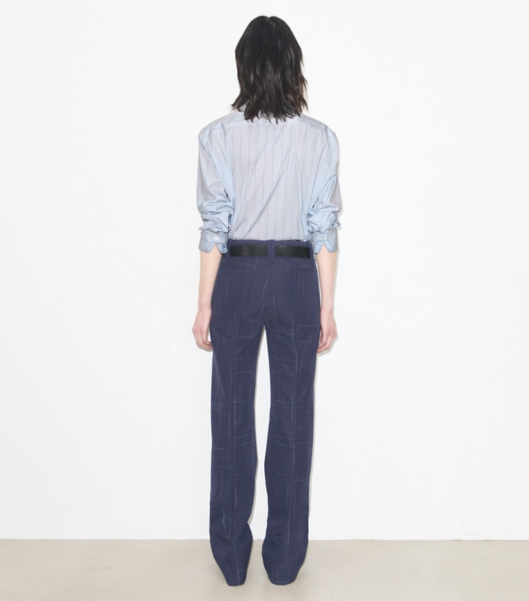 Tory Burch designer tops Striped Cotton Shirt in Blue Stripe on model back