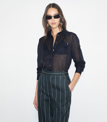 Tory Burch designer tops Striped Cotton Shirt in Navy on model detail
