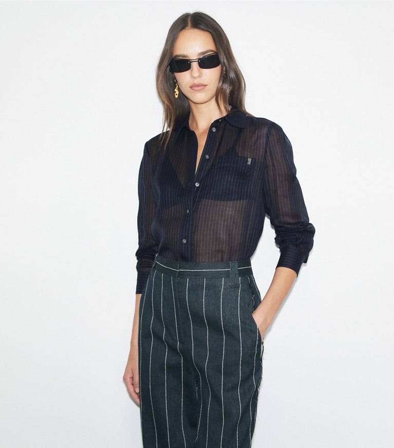 Tory Burch designer tops Striped Cotton Shirt in Navy front