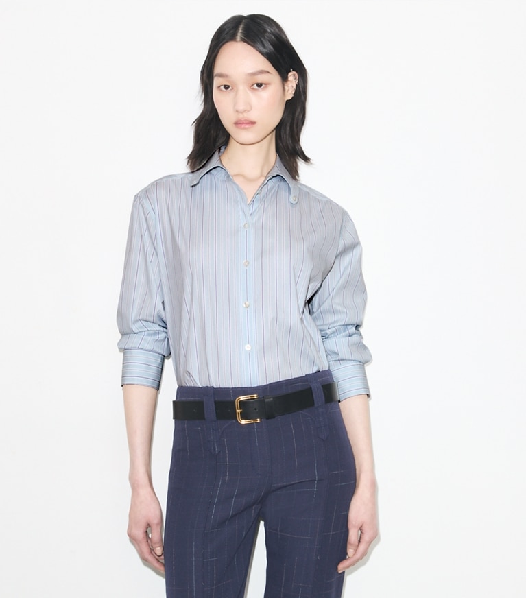 Tory Burch designer tops Striped Cotton Shirt in Blue Stripe on model detail